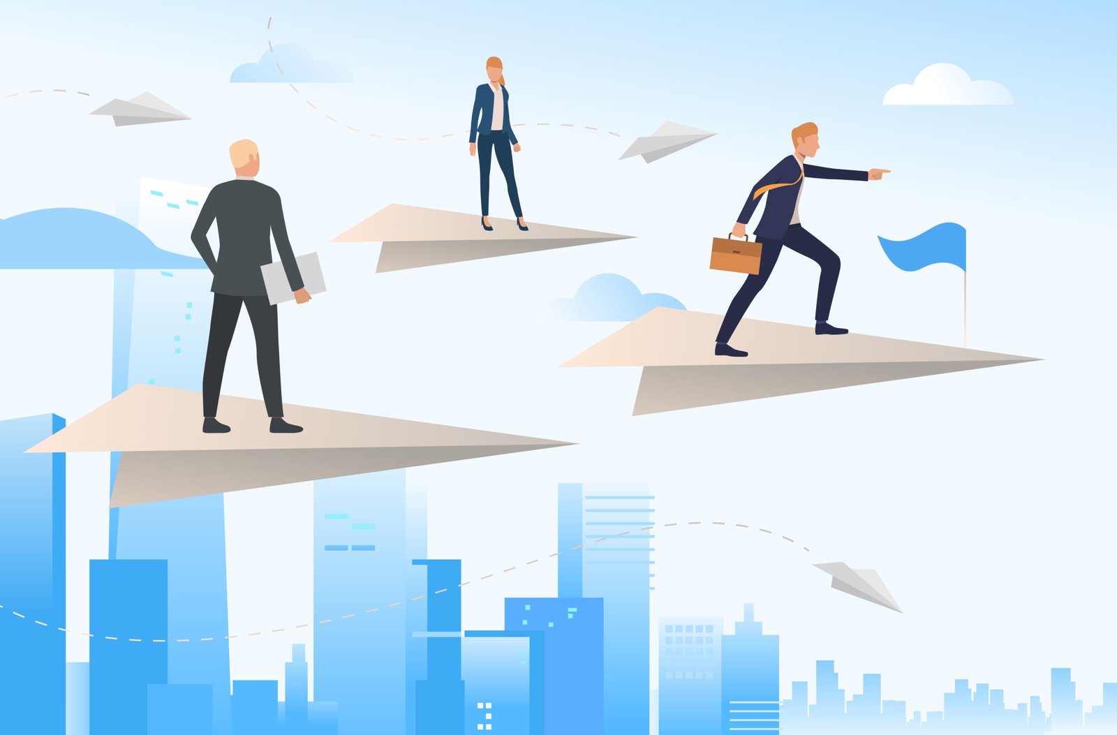 business people standing on flying paper planes